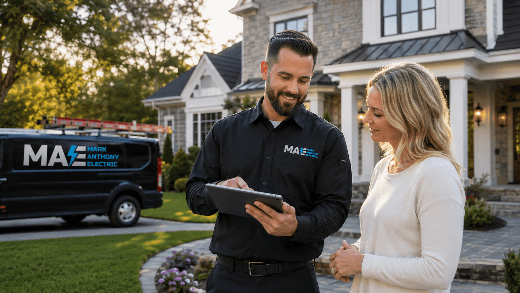 Mark Anthony Electric technician reviewing a project with a homeowner